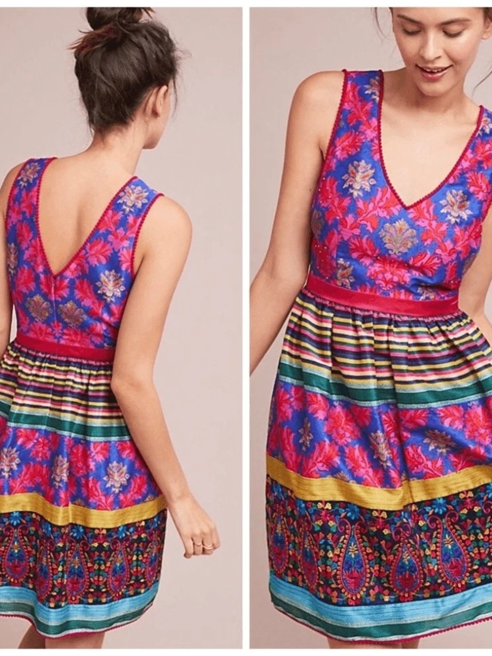 Colorful Floral V-Neck Womens Dress - Pink & Blue